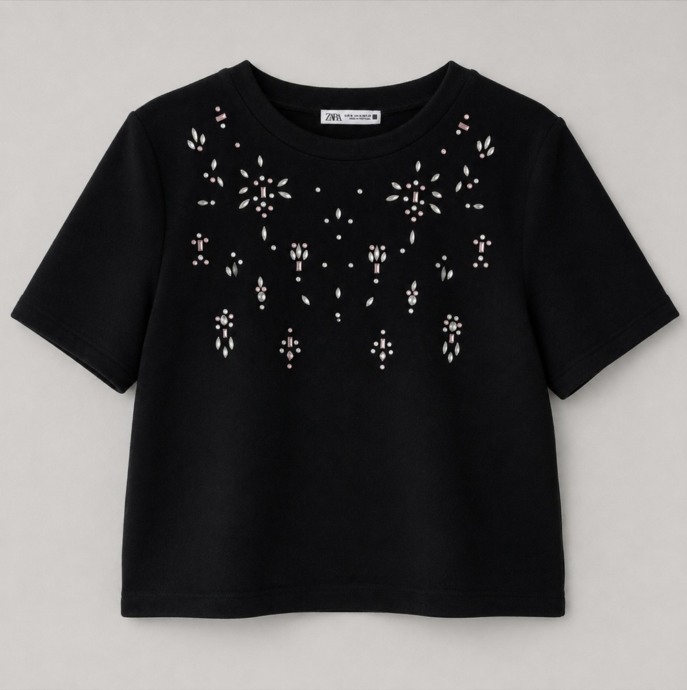 ZARA Black Rhinestone Embellished Short Sleeve Top Size M NWOT